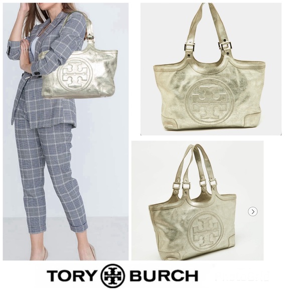 Tory Burch Handbags - TORY BURCH Bombe Metallic Silver Shimmer Crackled Leather Shoulder Bag Tote